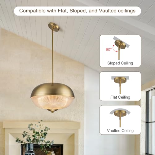 Zicbol Modern Brass Glass Pendant Light, 3-Light Gold Hanging Light Fixture with Adjustable Rod, 15.9" Glass Chandelier for Kitchen Island, Dining Room, Hallway, Bedroom — view 5