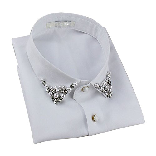 Vivian Half Shirt Blouse Detachable Fake Collar with Pearl and Rhinestone (White) - Thumbnail 4