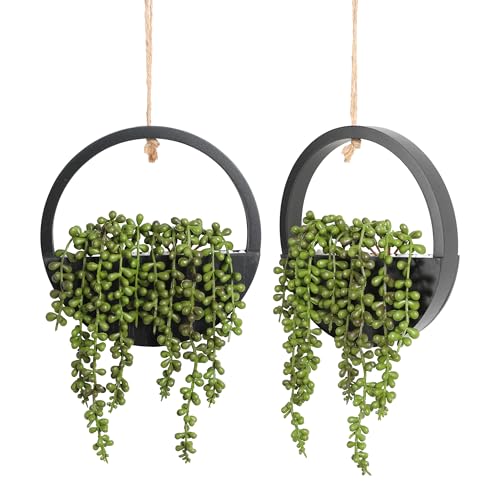 Floweroyal 2pcs Artificial Succulents Hanging Plants 12.2'' Fake String of Pearls in Pot with 8.3'' Lanyard for Indoor Outdoor Wall Decor (Black).