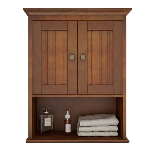 Image of Treocho Rustic Wood Wall Cabinet, Bathroom Medicine Cabinet Storage with Doors and Adjustable Shelf, Reddish Brown, 18.9 x 9.25 x 23.43 inches