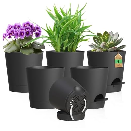WSMKSZ 4 inch Self Watering Pots for Indoor Outdoor Plants, 6 Pack Plastic Flower Planters with Drainage Holes and Removable Saucers, Plant Pots with Wicking Rope, Modern Decor, Black