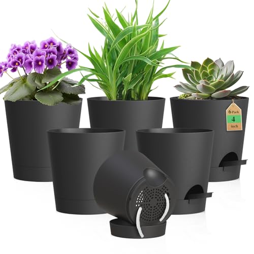 WSMKSZ 4 inch Self Watering Pots for Indoor Outdoor Plants, 6 Pack Plastic Flower Planters with...
