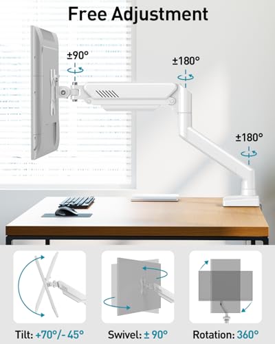 Single Monitor Arm Desk Mount Fits 13 to 32 inch, Holds 4.4 to 19.8lbs Computer Monitor, Adjustable Monitor Stand with Clamp/Grommet Mounting, 75/100mm VESA Monitor Mount, White, Freelift