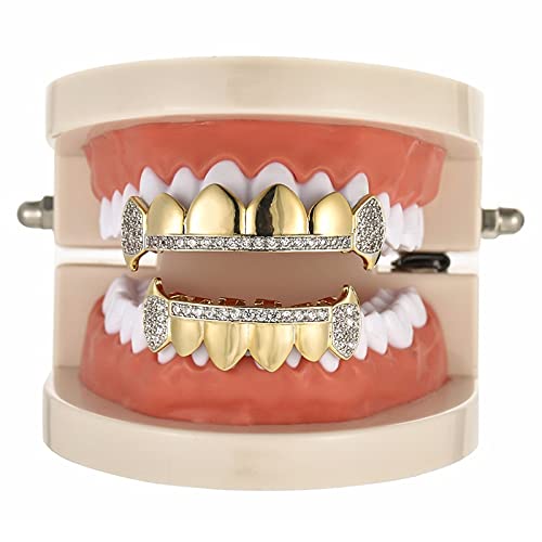 Lkv 14K Gold Plated Iced Out Cz Top And Bottom Grillz For Your Teeth Hip Hop Christmas Accessory #TOP4