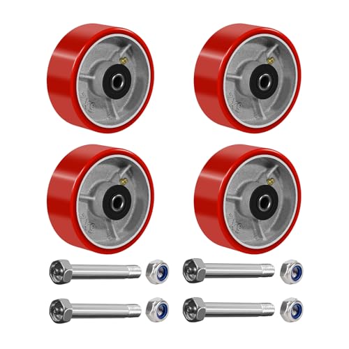 NINOSO 5" x 2" Heavy Duty Wheels, 1/2" Bore Axle Polyurethane on Cast Iron Wheel, Set of 4 Replacement Industrial Caster Wheels for Cart Toolbox (4 Wheel)