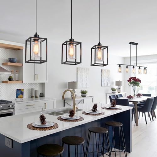 3 Pack Black Pendant Lights for Kitchen Island Industrial Lantern Pendant Light Fixtures with Clear Glass Shade, Farmhouse Adjustable Height Hanging Pendant Lighting for Dining Room