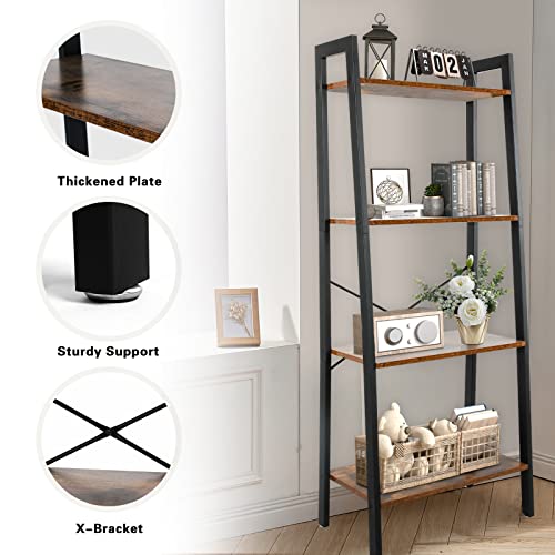 Ecomex 4-Tier Ladder Shelf Industrial Bookshelf, Ladder Bookshelf Open Storage Rack Wood Ladder Shelf With Metal Frame, Freestanding Storage Shelves For Home Office, Bedroom (Rustic Brown) #TOP3