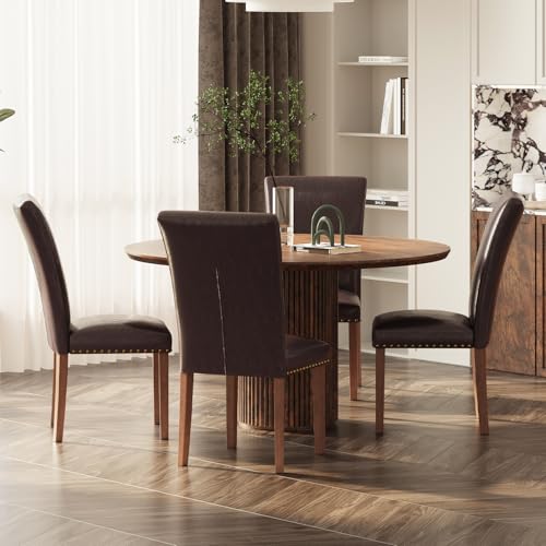 Image of Farmhouse Dining Chairs Set of 4, High Back with Wooden Legs and Nailhead Trim, Modern Fabric Dining Room Chair for Kitchen /Restaurant