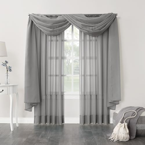Image of No. 918 53566 Emily Sheer Voile Rod Pocket Curtain Panel, Valance Scarf, Charcoal