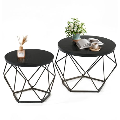 DUMOS Modern Geometric Coffee Table Set of 2, Round Nesting Side Tables with Hidden Storage, Movable End Tables for Living Room Decor & Practical Use