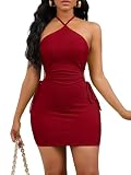 Outfit for Women 90s Sexy Open Back Spaghetti Strap Side Summer Club Night Out Dresses Cut Out Drawstring Party Mini Bodycon Dress S80 Burgundy M