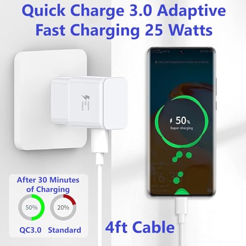 OEM Adaptive Quick Fast Charger Compatible with LG V40 ThinQ Plus Full 15W Power Certified USB Type-C 5Gbps Data Cable. (2 Pack! / White / 4FT, 1.2M)