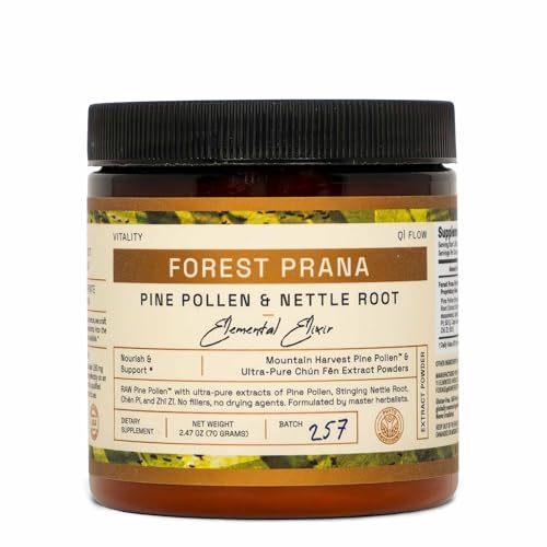Forest Prana Pine Pollen and Nettle Root Elixir Powder – Sustained Support – Single Origin Pine Pollen – Vegan, Gluten-Free, & Non-GMO – 70 Gram Jar