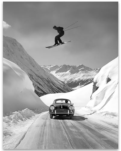 Jumping Over Porsche Vintage Ski Photography Black and White Alpine Mountain Cabin Ski Lodge Resort Wall Art 28x36 Unframed Poster Winter Chalet Snow Landscape Décor
