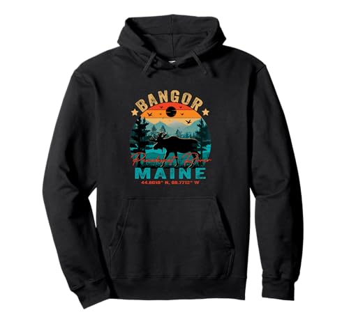Bangor Maine ME USA Retro Sunset Vintage Moose Mountains Pullover Hoodie