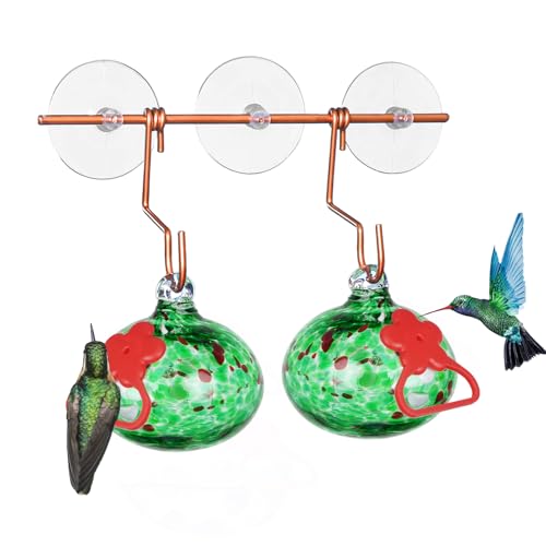 Pozfun Set of 2 Hummingbird Feeders for Outdoors Hanging,Hand-Blown Glass Hummingbird Feeder with Silicone Feeding Perch,Never Leak,Gardening Gifts for Woman Man(Red)