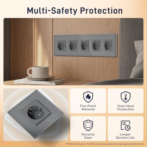 BSEED Schuko Steckdosenleiste 5 Fach - Kristall Glas Platte F&uuml;nffach Steckdose 16Amp 370mm Grau - Verl&auml;ngerungssteckdosen Mehrfachsteckdose Wandsteckdose