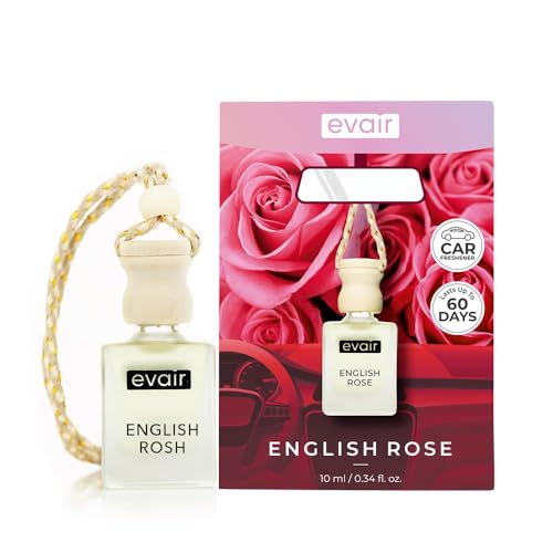Image of Evair English Rose Car Air Freshener | Hanging Car Perfume | Premium Car Fresheners | Car Aroma with Essential Oils| Hanging Perfume for Car in Glass Bottle with Wooden Diffuser Lid (10ml, Pack of 1)