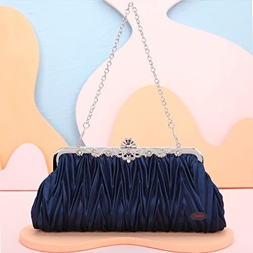 Fawziya Evening Clutch Rhinestone Satin Pleated Purses For Women Formal-Navy Blue