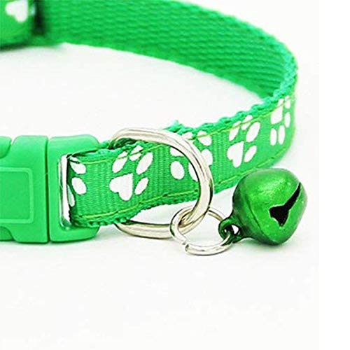 Image of Footprint Cat Collar with Bell Basic Dog Cat Collar I Buckle Adjustable Polyester Cat Dog Collar I with Bell 10 MM (Green Color)