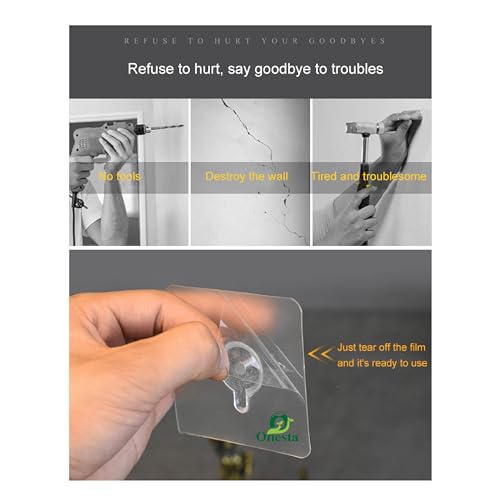Image of ONESTA Self Adhesive Wall Hooks 10 Pcs Heavy Duty Transparent Sticky Hooks Waterproof Strong Adhesive Wall Hanger Nail Free No Drill Hooks for Kitchen Bathroom, Towel, Home & Office (Pack Of 10)
