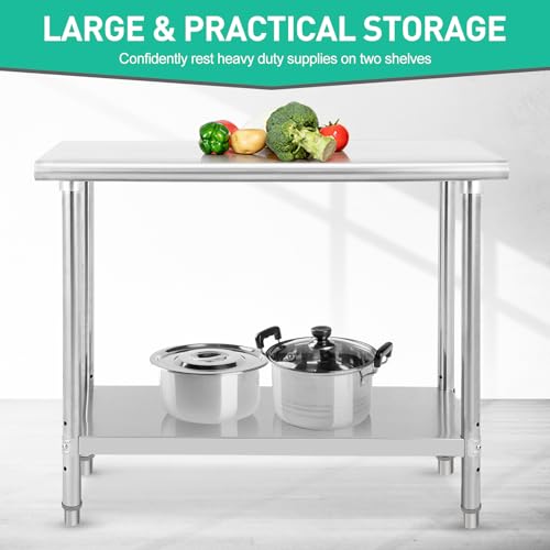 Stainless Steel Prep Table, NSF Commercial Work Table with Undershelf, Stainless Steel Table for Food Prep & Work 48 x 30 Inches, Heavy Duty for Kitchen, Restaurant, Hotel, Silver