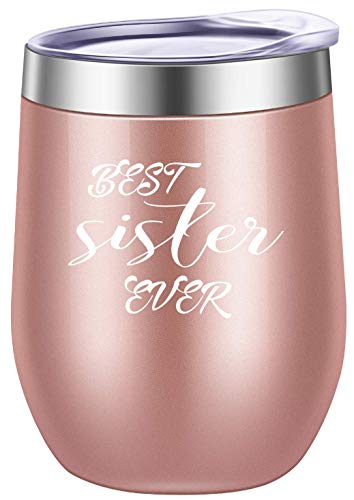 Pufuny Best Sister Ever,Stainless Steel Vacuum Insulated Stemless Wine Tumbler Sippy Cup,Engraved Birthday