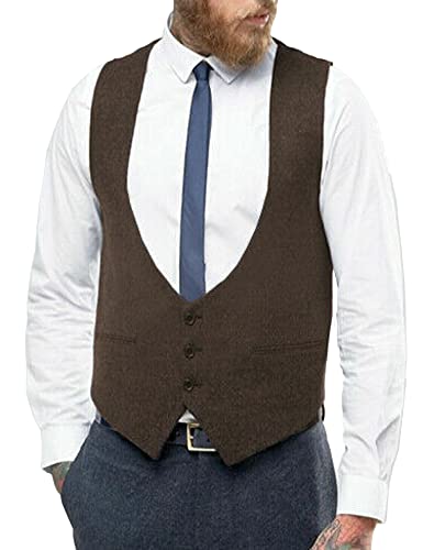 Mens Single Breast Slim Fit Low U Cut Wool Herringbone Tweed Suit Waistcoat Vest (as8, alpha, l, regular, regular, Dark Brown)