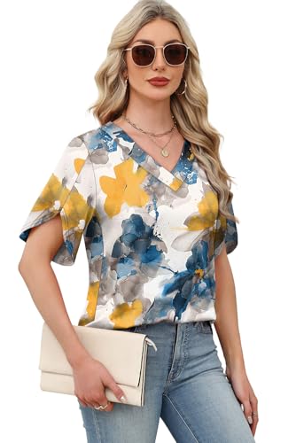 Image of WIHOLL Womens Summer Tops Short Petal Sleeve Shirts Fashion V Neck Womens Clothing