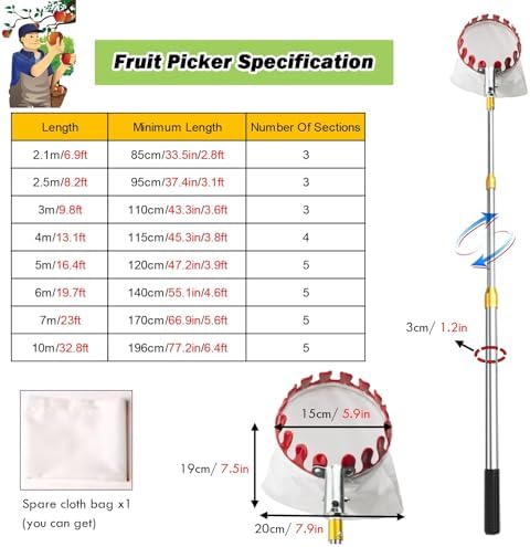 Adjustable Fruit Picker Pole 7-33FT - Telescopic Grabber Tool for Avocado, Lemon, Pear, Mango - Includes Fruit Picking Basket (7m/23ft) - Easy Reach Harvesting Tool