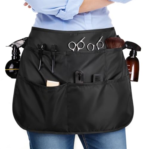 Noverlife Hair Stylist Waist Apron with 5 Pockets & Adjustable Belt, Hair Resistant Bleach-proof Hairdresser Half Waist Apron, Short Length Salon Barber Apron Hairstylist Tool Belt Apron for Men Women