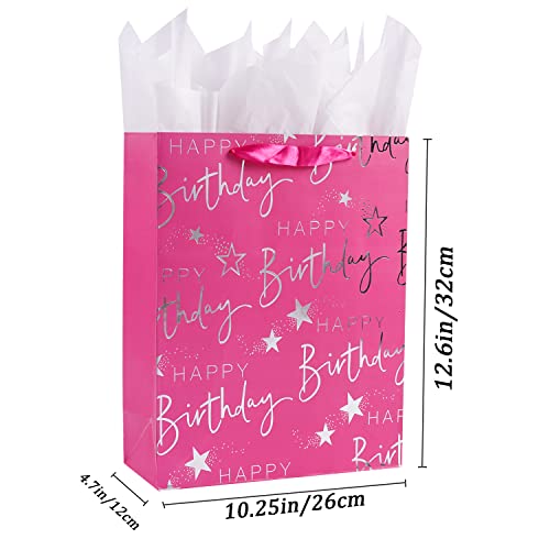 Elephant-Package Paper Gift Bag Silver Metallic Happy Birthday Printed, Large Gift Bag For Kids Birthday (12.6" Pink) #TOP1
