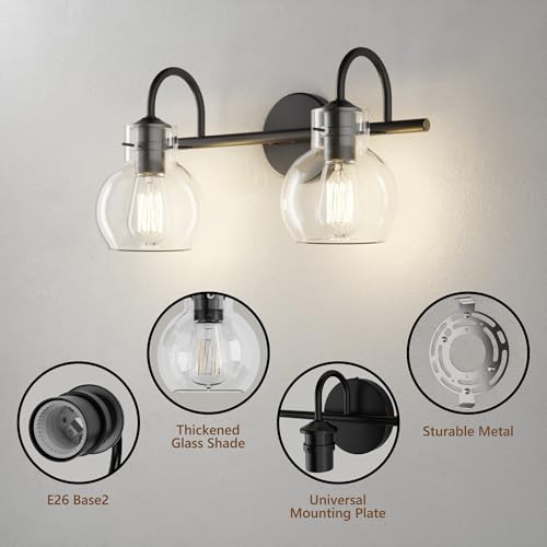 PRIMEPLUS Bathroom Vanity Light Fixtures, Modern 2 Lights Vanity Lighting Fixture Matte Black, Farmhouse Metal Wall Lamp with Globe Glass Shade, Porch Wall Mount Light Fixture for Mirror Cabinets by PRIMEPLUS - Used condition - Image 3