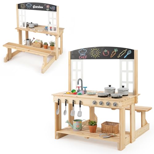 Costzon Outdoor Mud Kitchen, Wooden Kids Kitchen Playset w/Bench, Stoves, Faucet, Sink, Chalkboard, Cooking Accessories, Mud Kitchen for Kids Oudoor, Backyard,Garden, Gift for Boys Girls Ages 3+ - Image 9