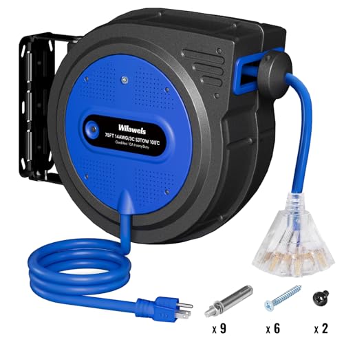 WILAWELS 75 FT Retractable Extension Cord Reel, Heavy Duty Extension Cord, 14AWG/3C SJTOW, 3 Grounded Outlets Lighted Triple Tap, 10A Circuit Breaker, Wall/Ceiling Mounted, ETL Listed, Blue U75ACR06