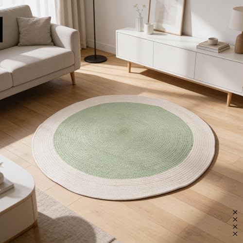 Image of Encasa XO Handmade Round Crochet Rug 2-Tone Circular Cotton Area Rug for Nursery, Bedroom & Living Room | Boho Modern Minimalist Floor Mat Natural Reversible Rugs | Sage & Off White (120 cm) | 4 Ft
