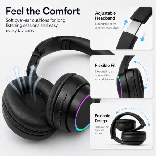 CYSRALFC Bluetooth Headphones, Over Ear Wireless Headphones, RGB Light, Foldable Lightweight Headset with Microphone, Wireless Headphones for Cell Phone, Music, Gaming, School, Home Office — view 4
