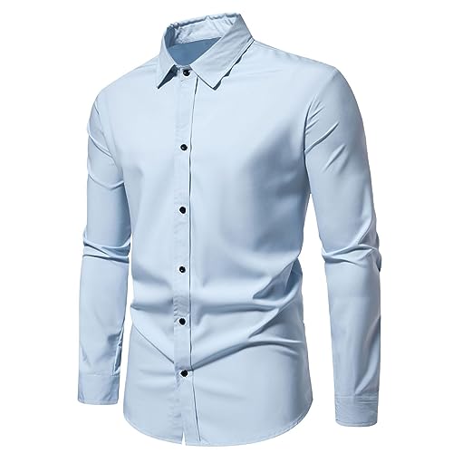 pnroktd - Camisa de vestir para hombre, manga larga, algodón, lino, para verano, con botones, para negocios, con cuello y solapa, Azul/claro, Large