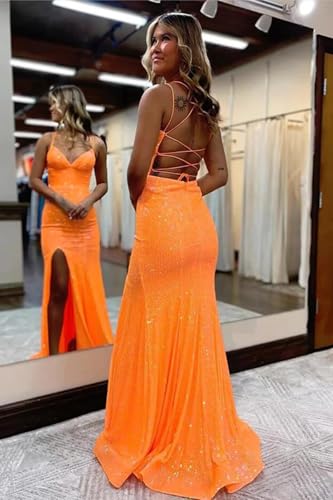 Spaghetti Strap Sequin Prom Dress 2025 Long V Neck Mermaid Glitter Formal Dresses Evening Gowns with Slit2