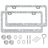Runone 2 Pack Bling License Plate Frame for Women,Sparkly Rhinestone Stainless Steel License Plate Holder,Car Accessories with Glitter Crystal Caps (White)