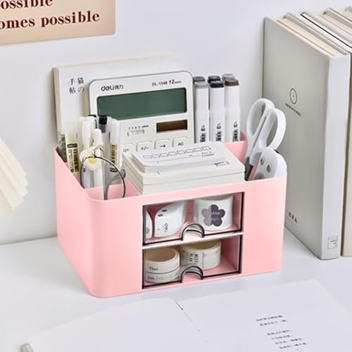 Image of Recluse Modern Desk Organiser Pink for Girls Compact Desk Tidy Organiser with 2 Drawers Stationary Storage Organiser Large Capacity Desktop Pen Pencil Holder Cute Table Decor for School Home Office