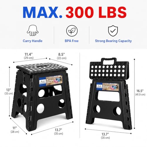Image of ACKO 2PACK Folding Step Stool - 13 inch Height Premium Heavy Duty Foldable Stool for Kids and Adults, Kitchen Garden Bathroom Stepping Stool (Black, 2PACK)