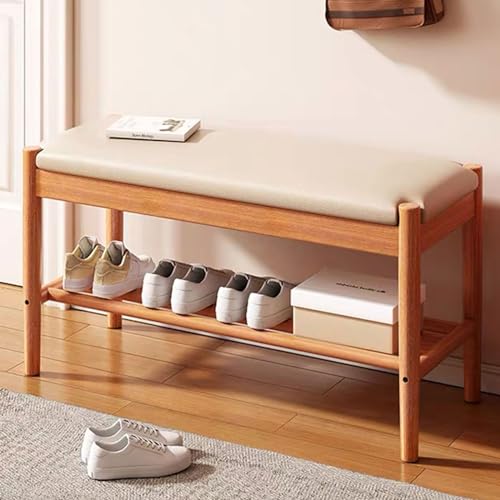 Buzleer Solid Wood Shoe Bench with Cushion, 2-Tier Shoe Rack for Front Door Entrance, Enterway Benches with Shoe Storage (Walnut, 23.6in) by Buzleer - Image 7