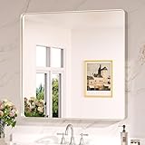 Keonjinn Brushed Nickel Wall Mirror, 36 x 36 Inch Large Square Silver Bathroom Mirrors for Over Sink, Rounded Rectangle Farmhouse Vanity Mirror, HD Tempered Glass Modern Mirror(Horizontal/Vertical)