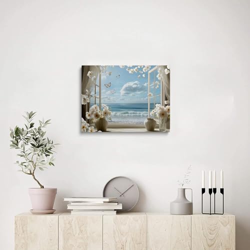 Ocean View Window Beach Scene Picture Wall Decor Framed Flower Butterfly Canvas Wall Art Coastal Floral Animal Prints Poster Sea Landscape Painting for for Living Room Bedroom Bathroom (12"x16") by WGQNJDSD - Used condition - Image 9