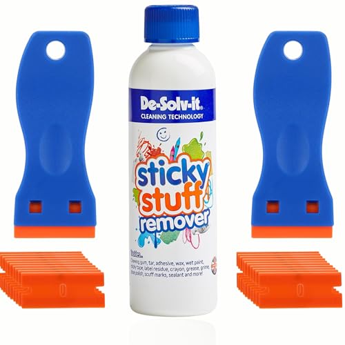 Image of De Solv It Sticky Stuff Remover UK 250ml Sticky Label and Residue Remover with 2 Plastic Scrapers and 20 Spare Blades Powerful Glue Remover Solvent for Labels, Stickers and Adhesives on Glass and More