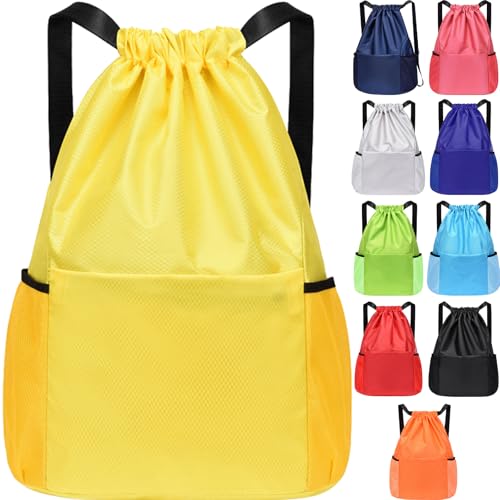 Image of InfiniZer Sports Drawstring Bags Waterproof Swimming Bag for Kids Adults Unisex Large Capacity Foldable Gym Bag for Swimming Gym School Travel Hiking (Yellow)