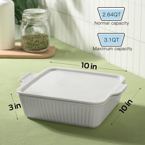 Dizada Casserole Dish for Oven with Lid, 10'' Square Baking Dish, 2-in-1 Ceramic Baking Dish, Baking Pan with Handles, Lasagna Pan Bakeware Oven Safe Baking Dish for Oven, Cake, Kitchen, Microwave, Dishwasher Safe, White - Thumbnail 4