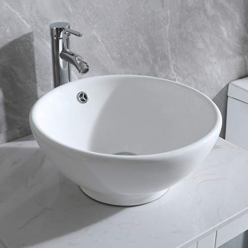 wonline 24” White Bathroom Vanity and Sink Combo Wood Cabinet Top Round Ceramic Vessel Sink Faucet Drain Combo with Mirror Vanities Set