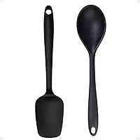 Kit Colher e Espátula de Silicone Premium Utensílioss para Cozinha Flexível e Resistente ao Calor Ideal para Preparar Alimentos Não Risca as Panelas (Preto)